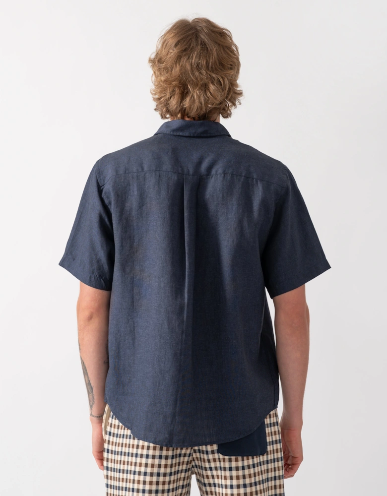 Colorful Standard Mens Short Sleeve Linen Shirt - Navy Blue