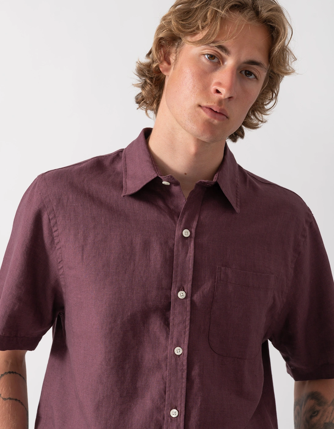 Colorful Standard Mens Short Sleeve Linen Shirt - Oxblood Red
