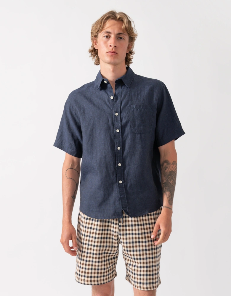 Colorful Standard Mens Short Sleeve Linen Shirt - Navy Blue