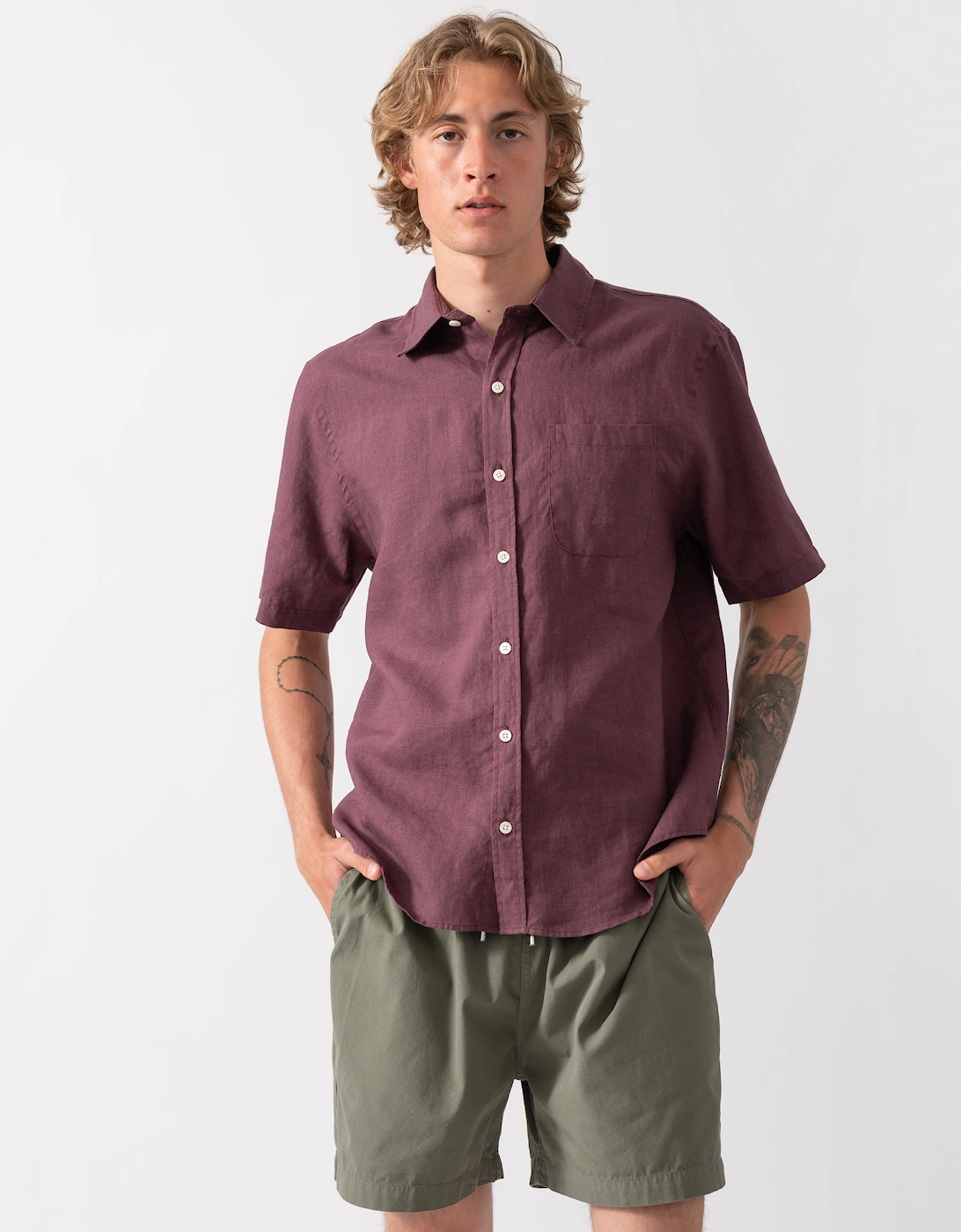 Colorful Standard Mens Short Sleeve Linen Shirt - Oxblood Red, 5 of 4