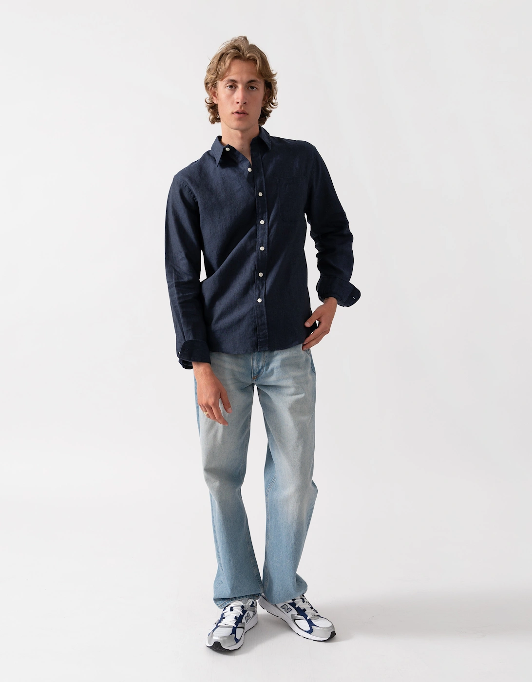 Colorful Standard Mens Long Sleeve Linen Shirt - Navy Blue