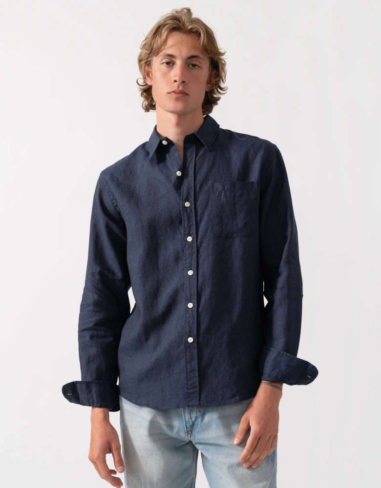 Colorful Standard Mens Long Sleeve Linen Shirt - Navy Blue