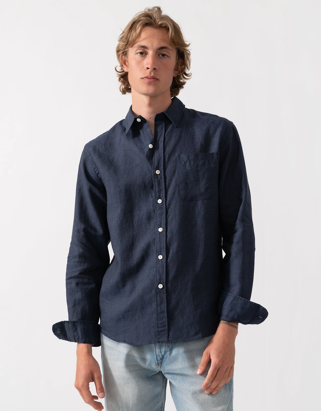 Colorful Standard Mens Long Sleeve Linen Shirt - Navy Blue, 6 of 5