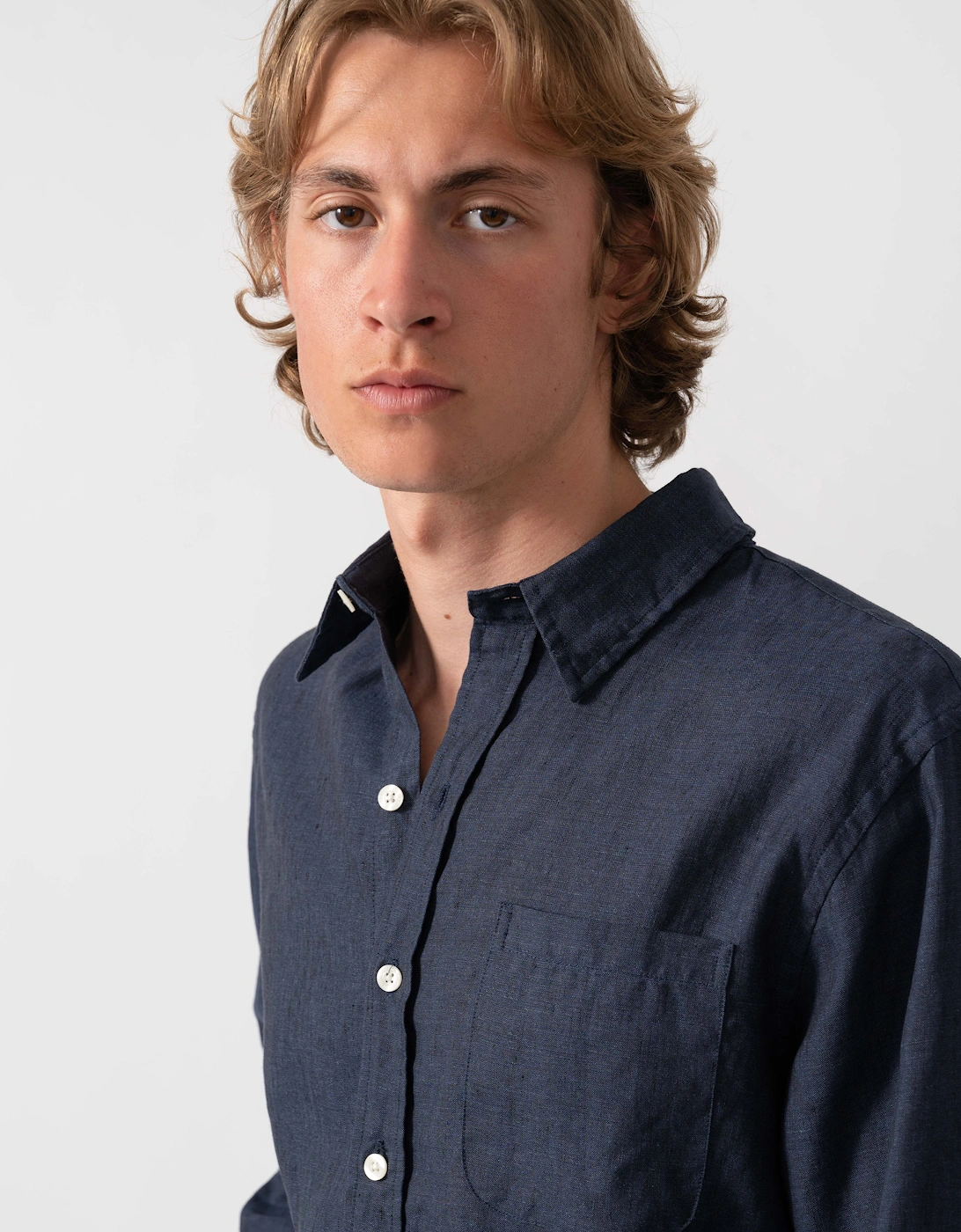 Colorful Standard Mens Long Sleeve Linen Shirt - Navy Blue