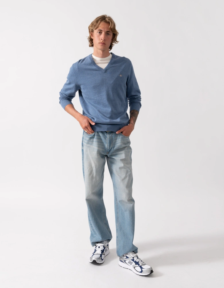 GANT Mens Classic Cotton V-Neck Jumper - 906 Denim Blue Melange