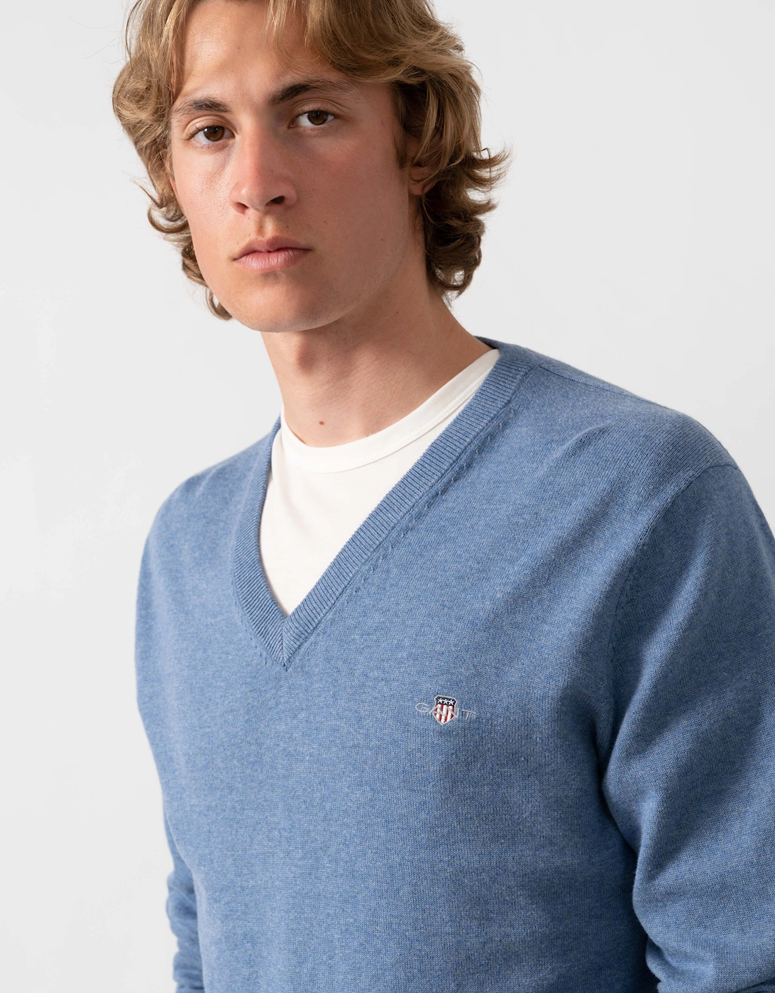 GANT Mens Classic Cotton V-Neck Jumper - 906 Denim Blue Melange