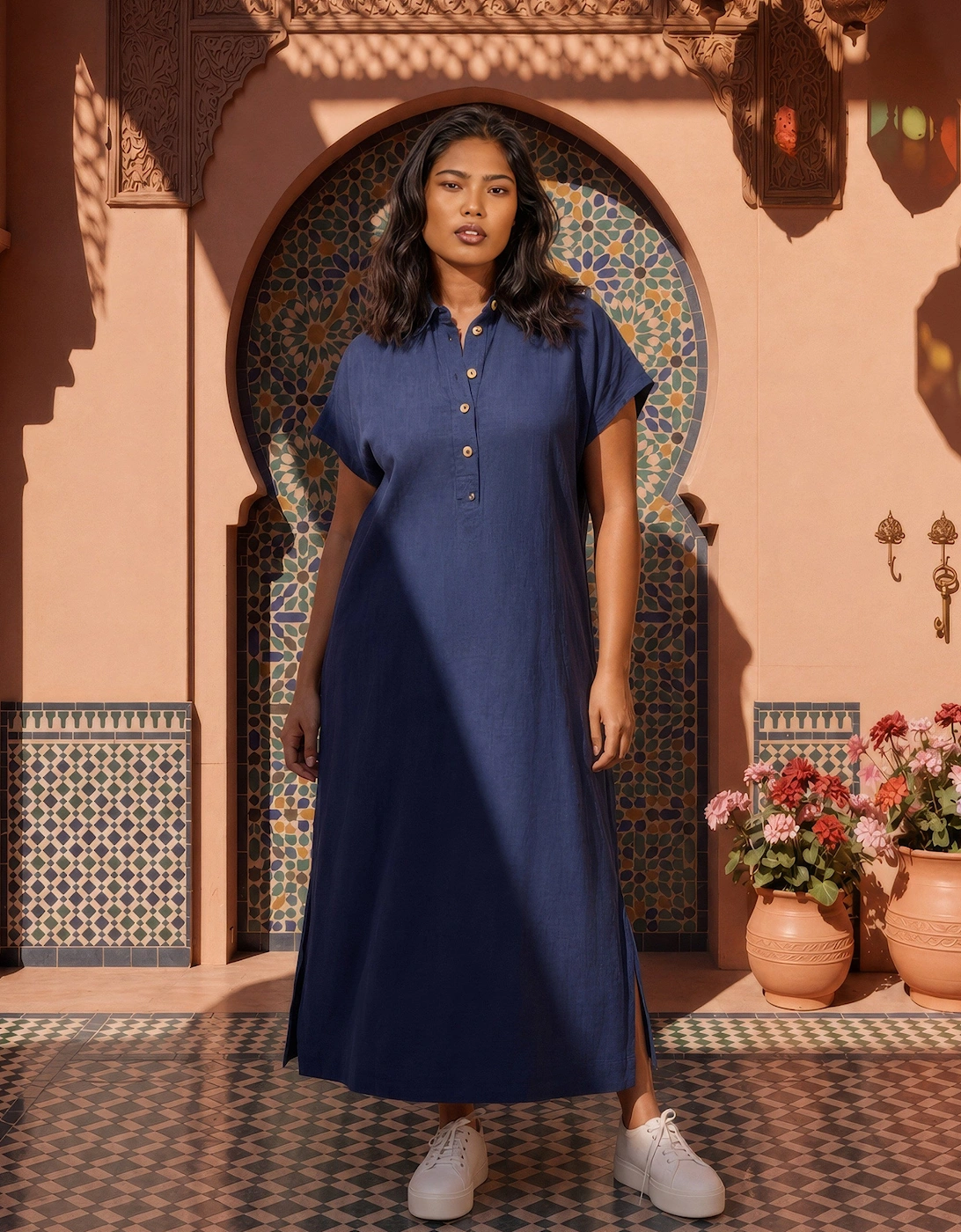 Navy Linen Blend Button Front Midaxi Shirt Dress, 7 of 6