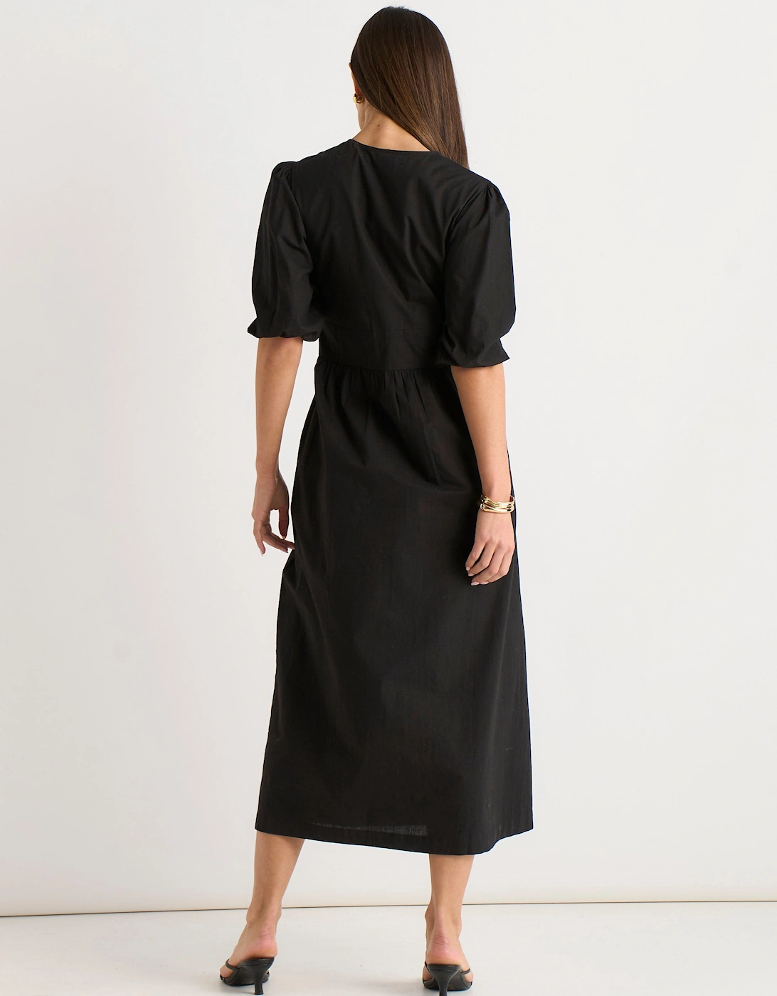 Black Puff Sleeve Cotton Embroidered Midi Dress