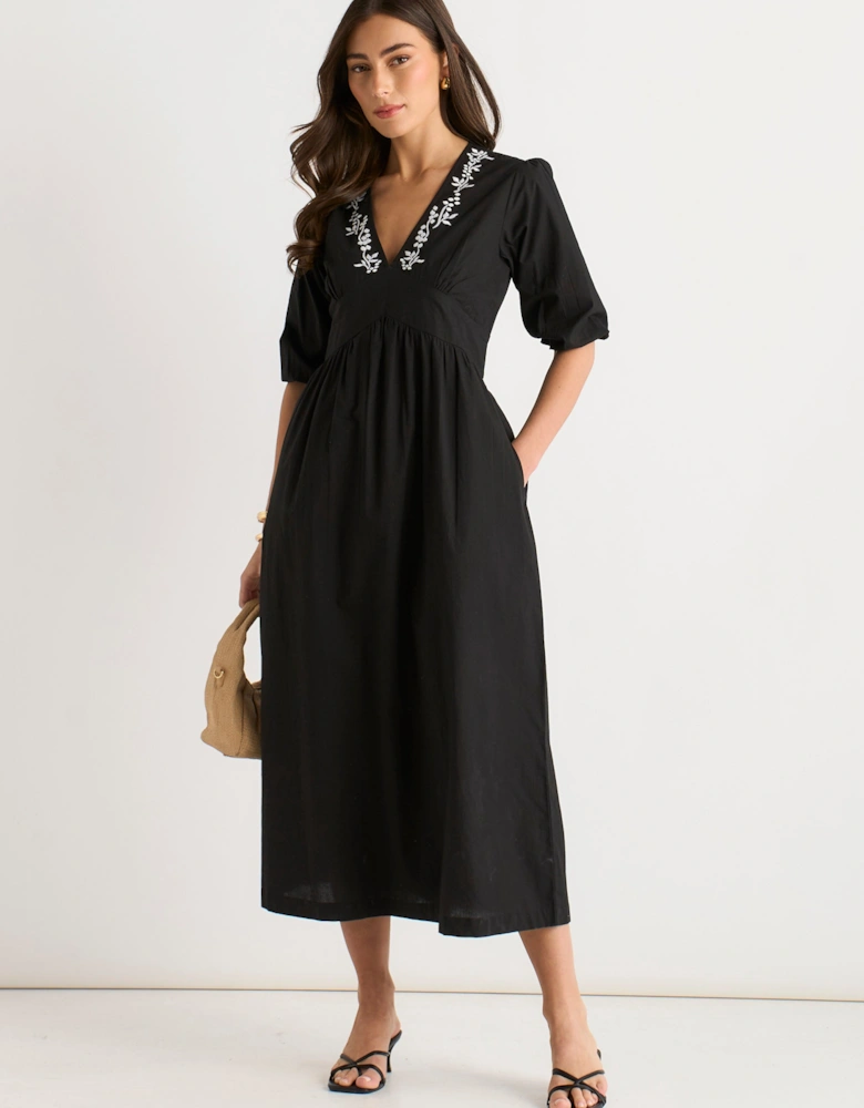 Black Puff Sleeve Cotton Embroidered Midi Dress