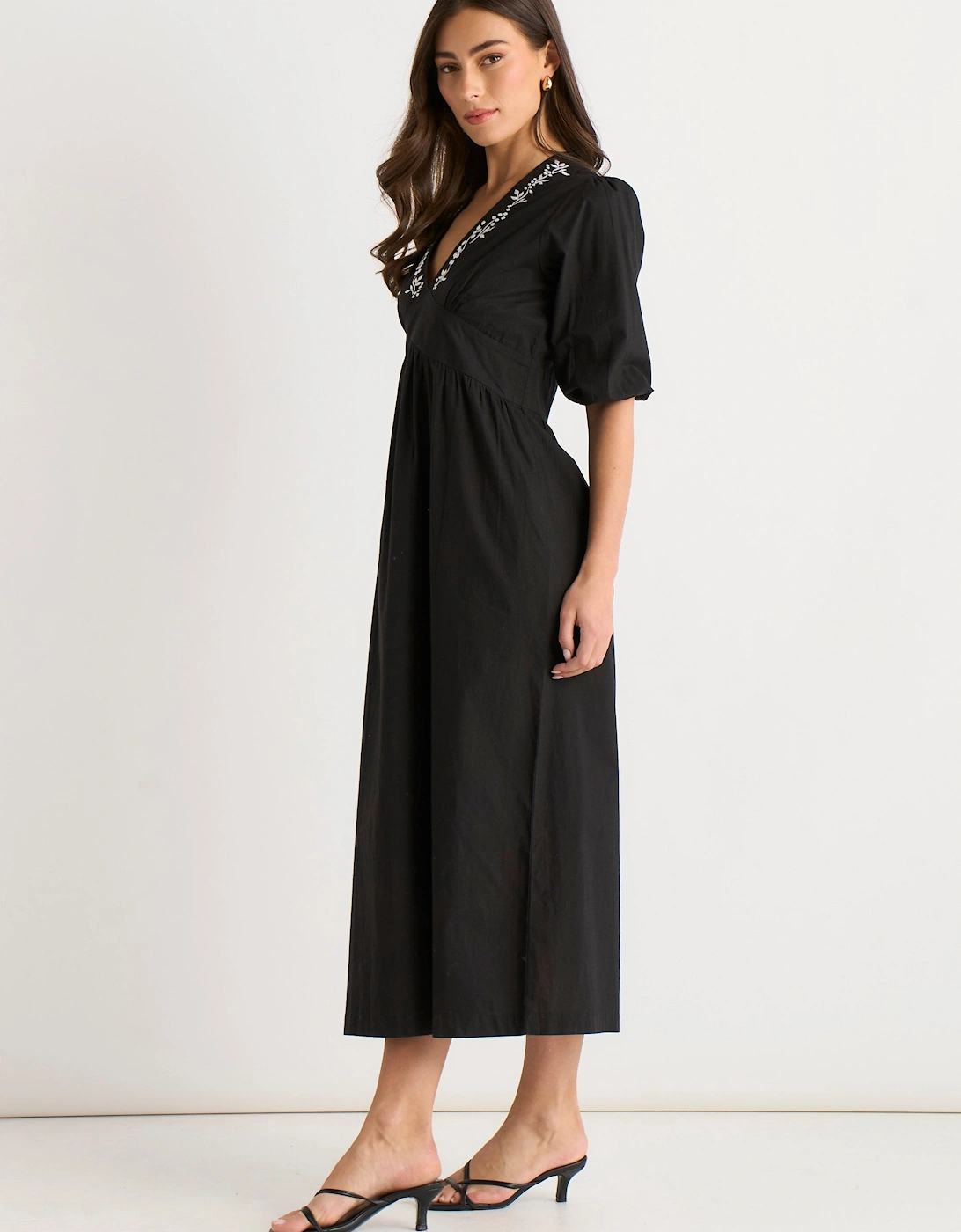 Black Puff Sleeve Cotton Embroidered Midi Dress