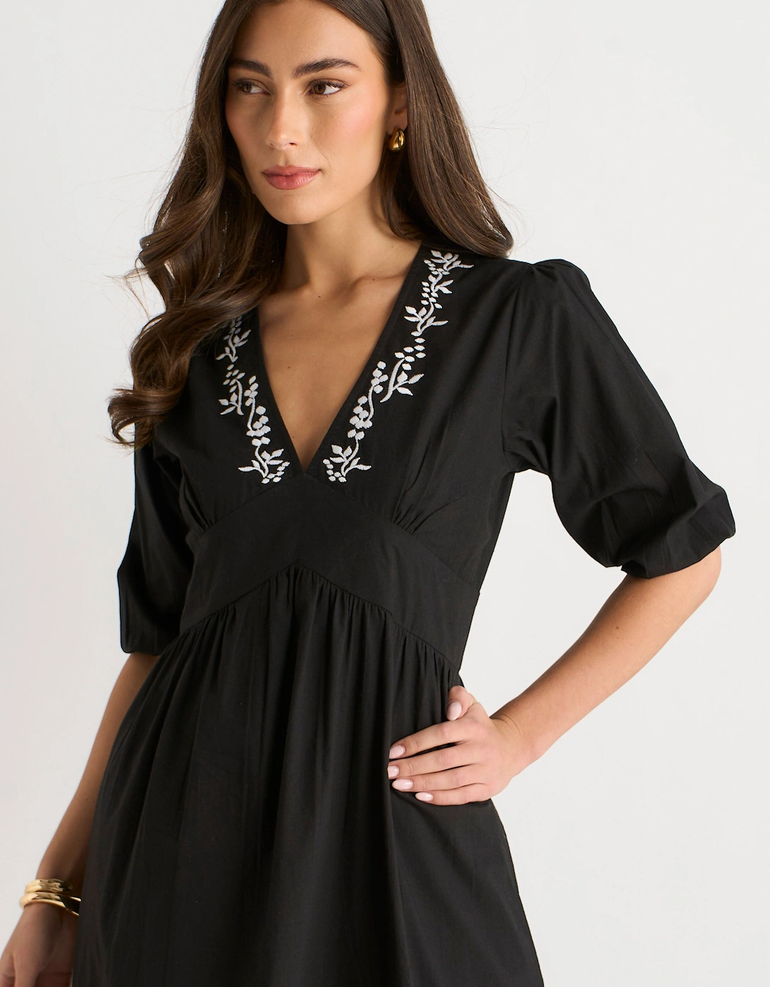 Black Puff Sleeve Cotton Embroidered Midi Dress
