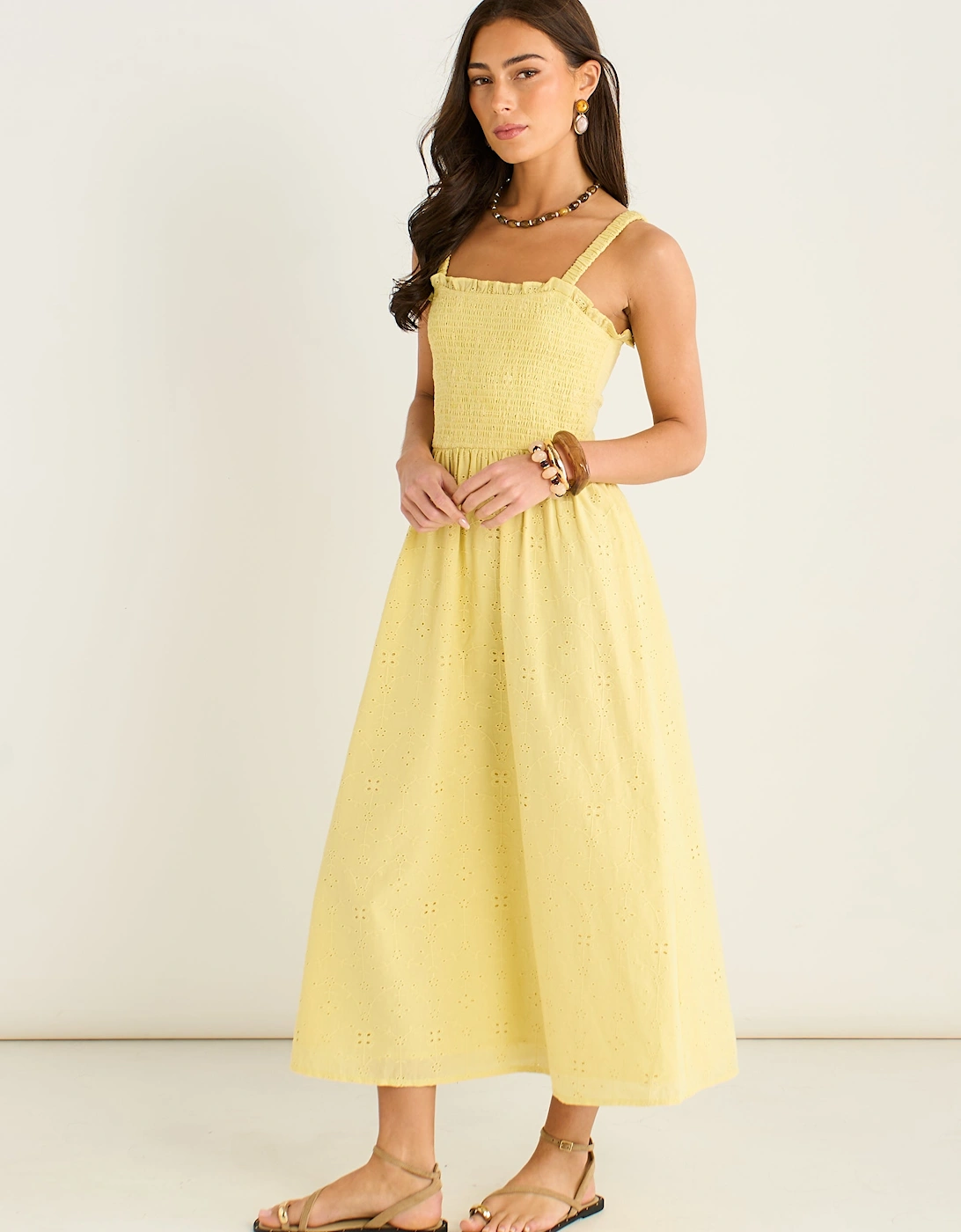 Yellow Embroidered Shirred Bodice Sun Dress