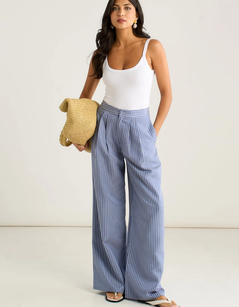 Blue Wide Leg Pleat Front Formal Trousers