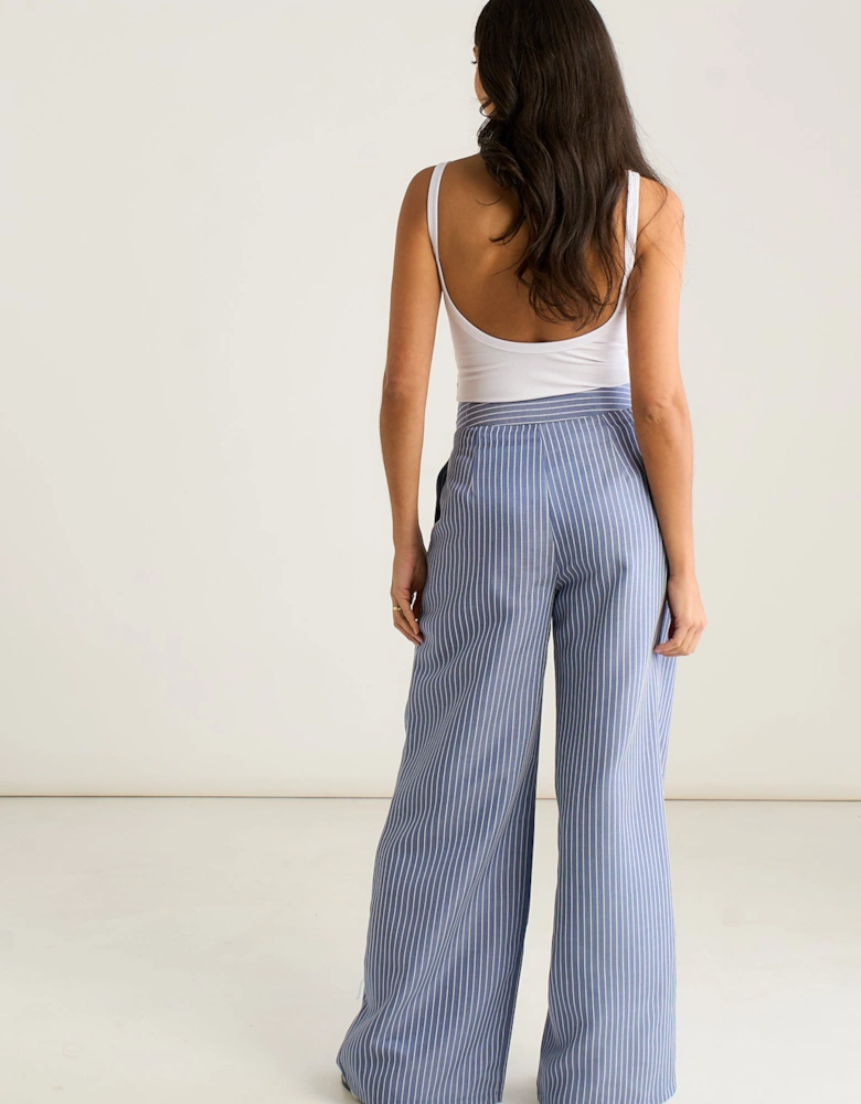 Blue Wide Leg Pleat Front Formal Trousers