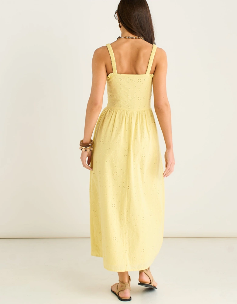 Yellow Embroidered Shirred Bodice Sun Dress