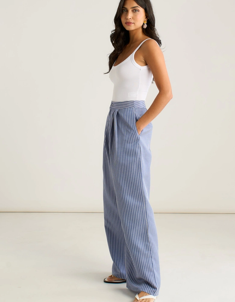 Blue Wide Leg Pleat Front Formal Trousers