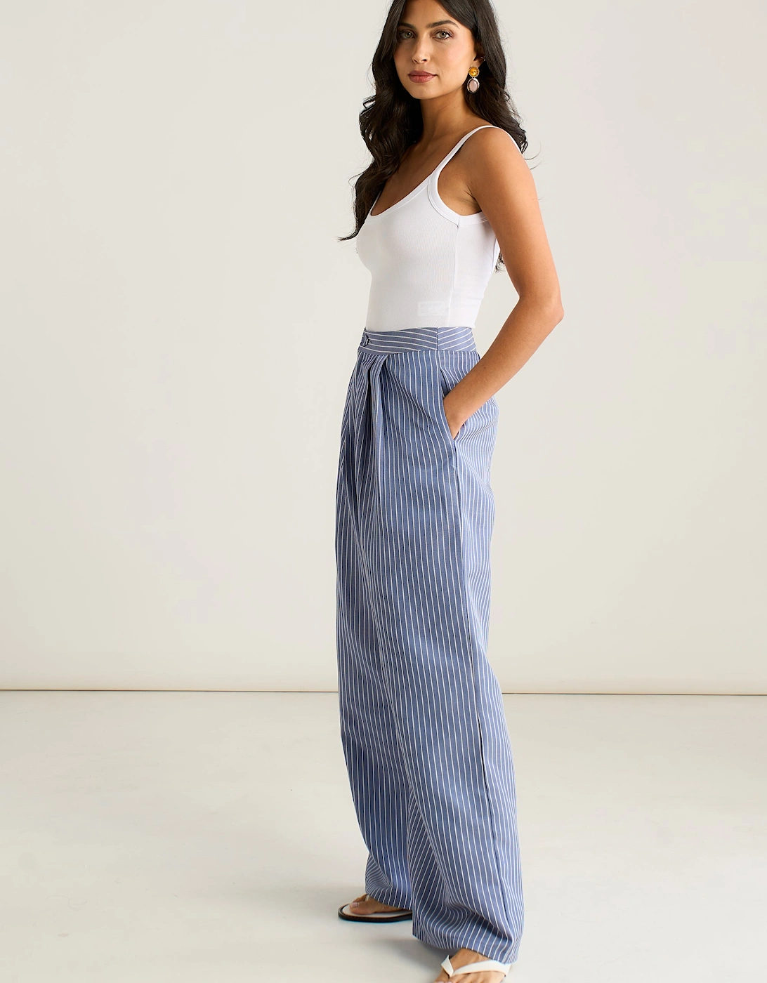Blue Wide Leg Pleat Front Formal Trousers