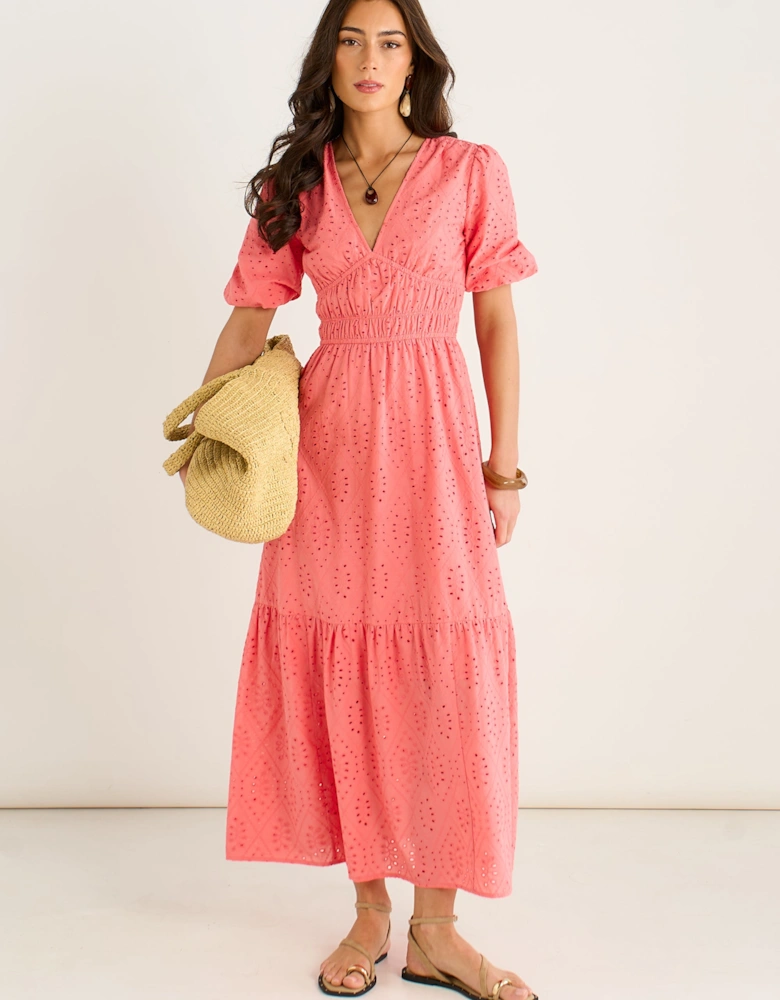 Coral Diamond Cutwork V Neck Broderie Dress