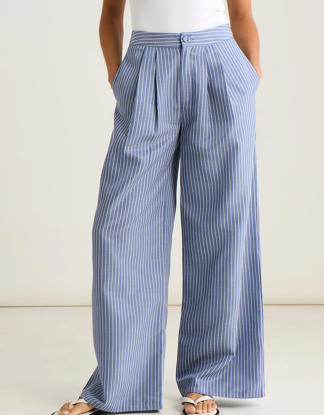 Blue Wide Leg Pleat Front Formal Trousers