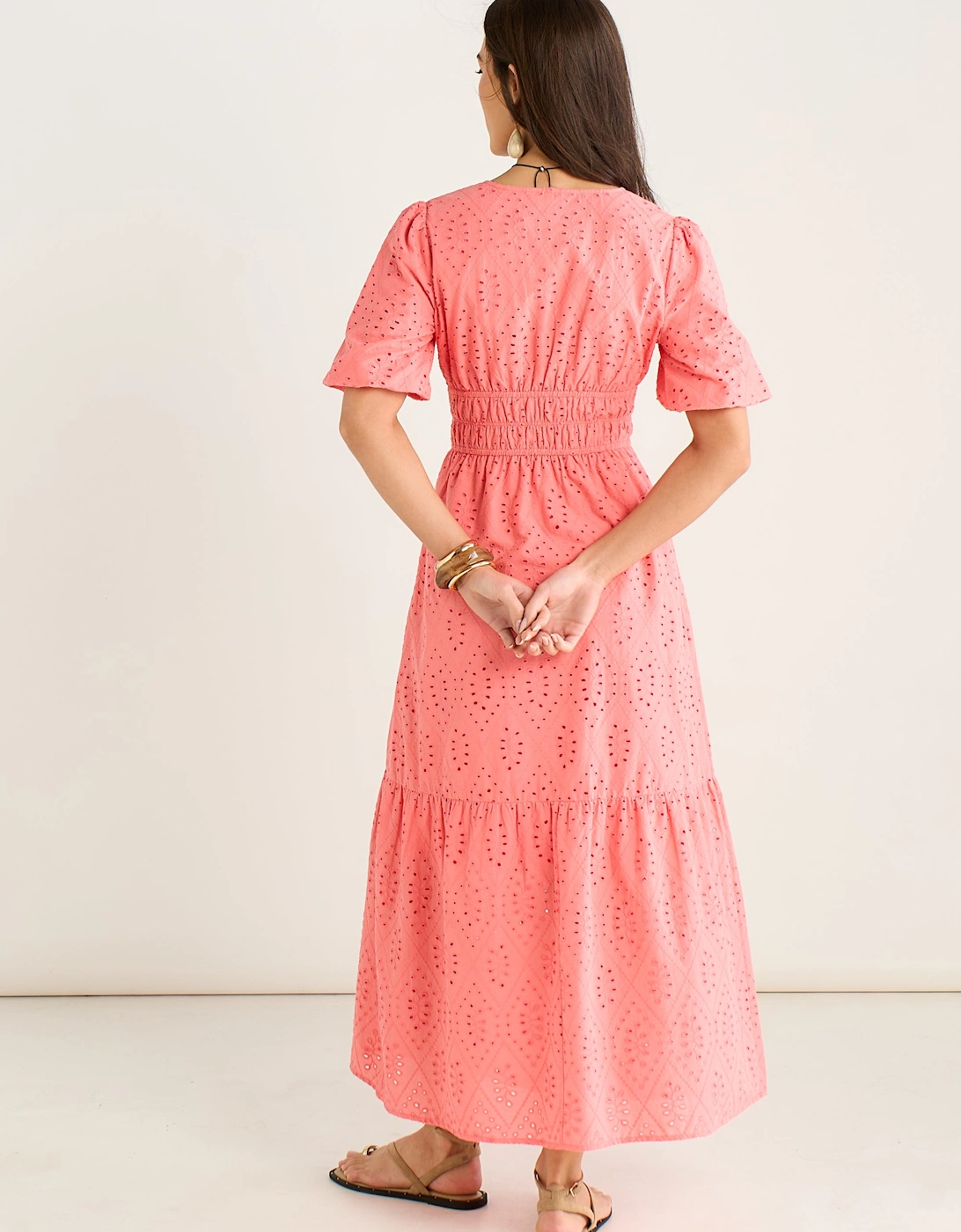 Coral Diamond Cutwork V Neck Broderie Dress