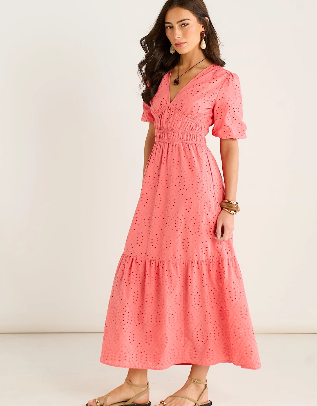 Coral Diamond Cutwork V Neck Broderie Dress