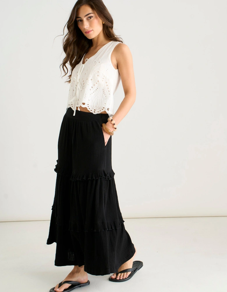 Black Tiered Cotton Skater Maxi Skirt