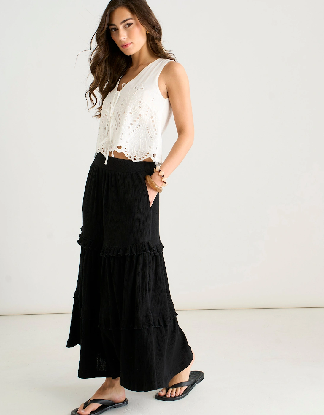 Black Tiered Cotton Skater Maxi Skirt