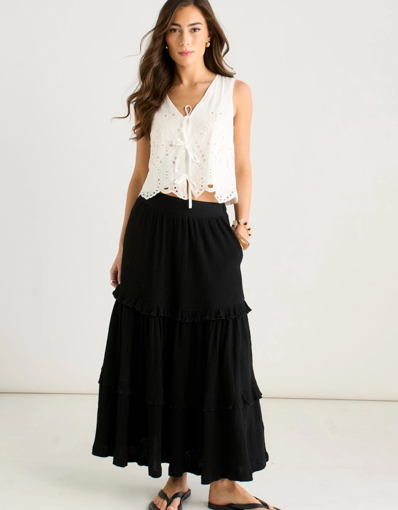 Black Tiered Cotton Skater Maxi Skirt