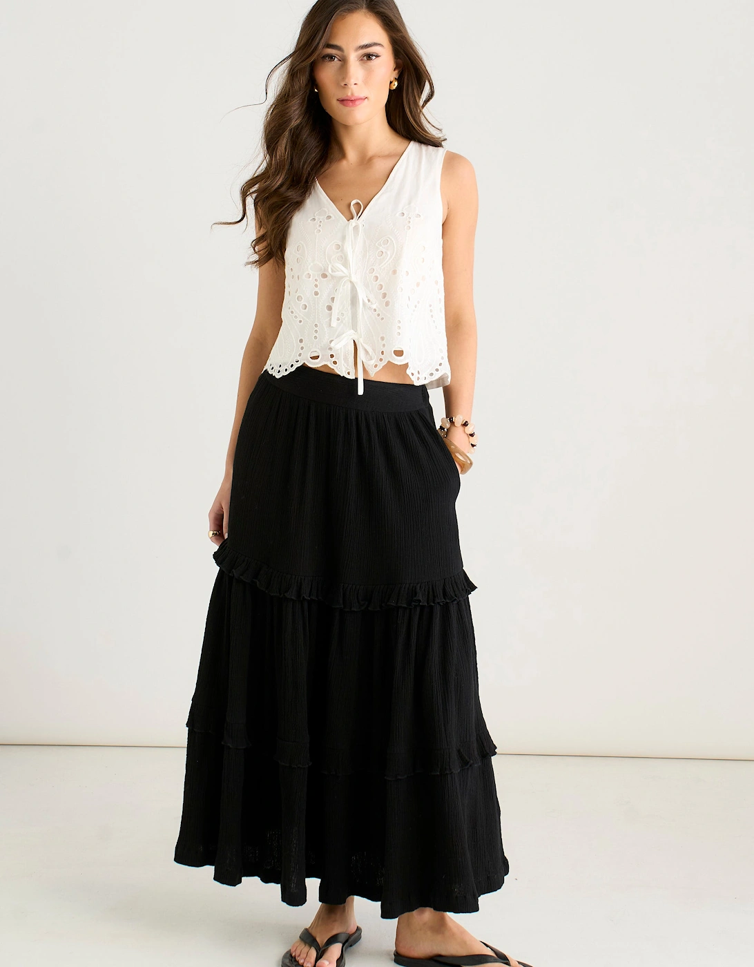 Black Tiered Cotton Skater Maxi Skirt