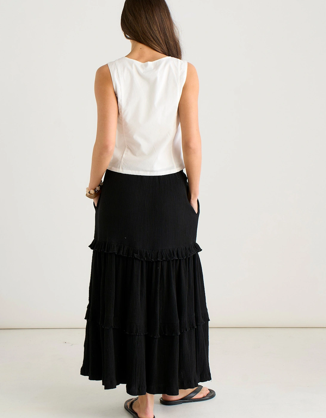 Black Tiered Cotton Skater Maxi Skirt