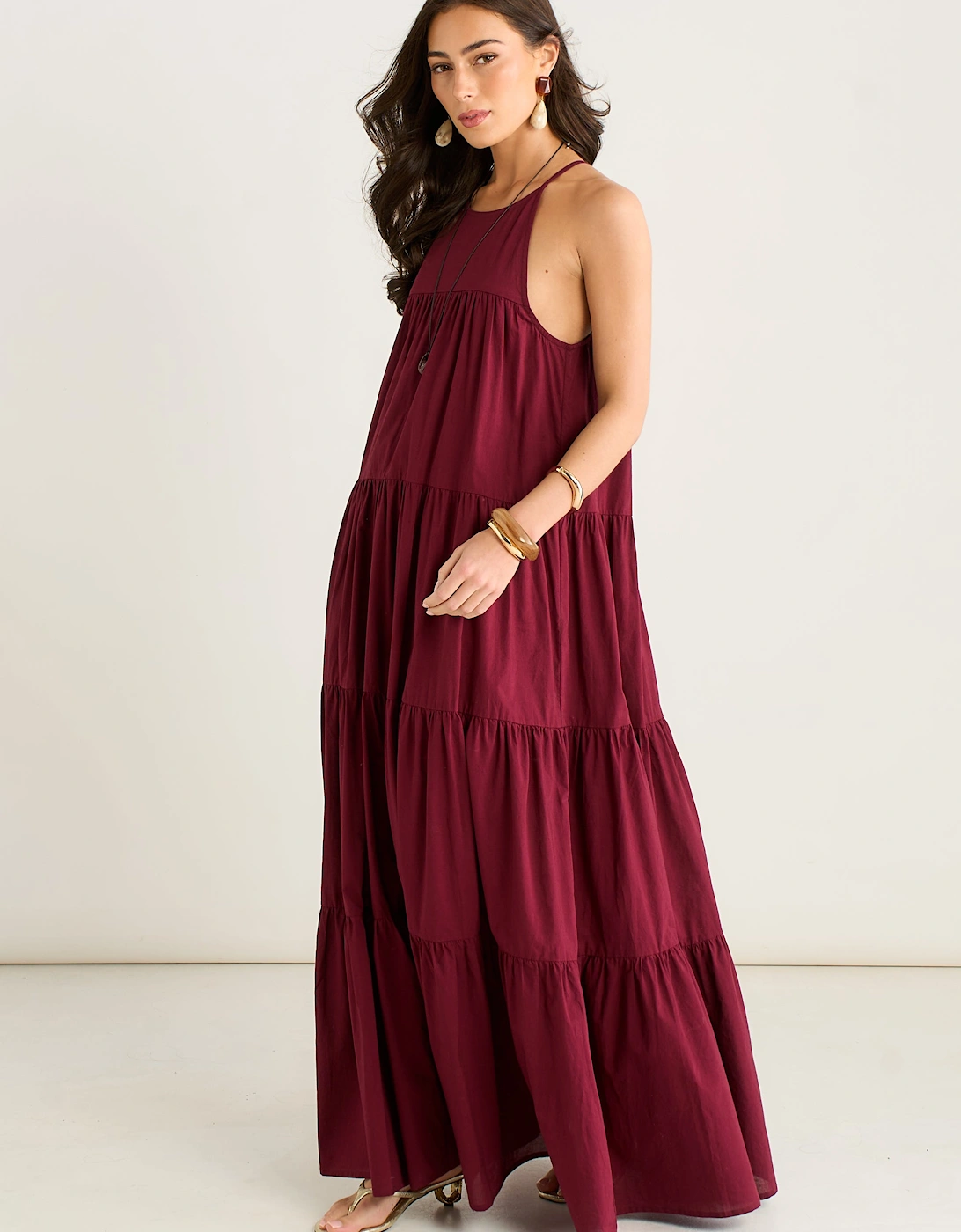 Mulberry Tiered Halter Maxi Trapeze Dress