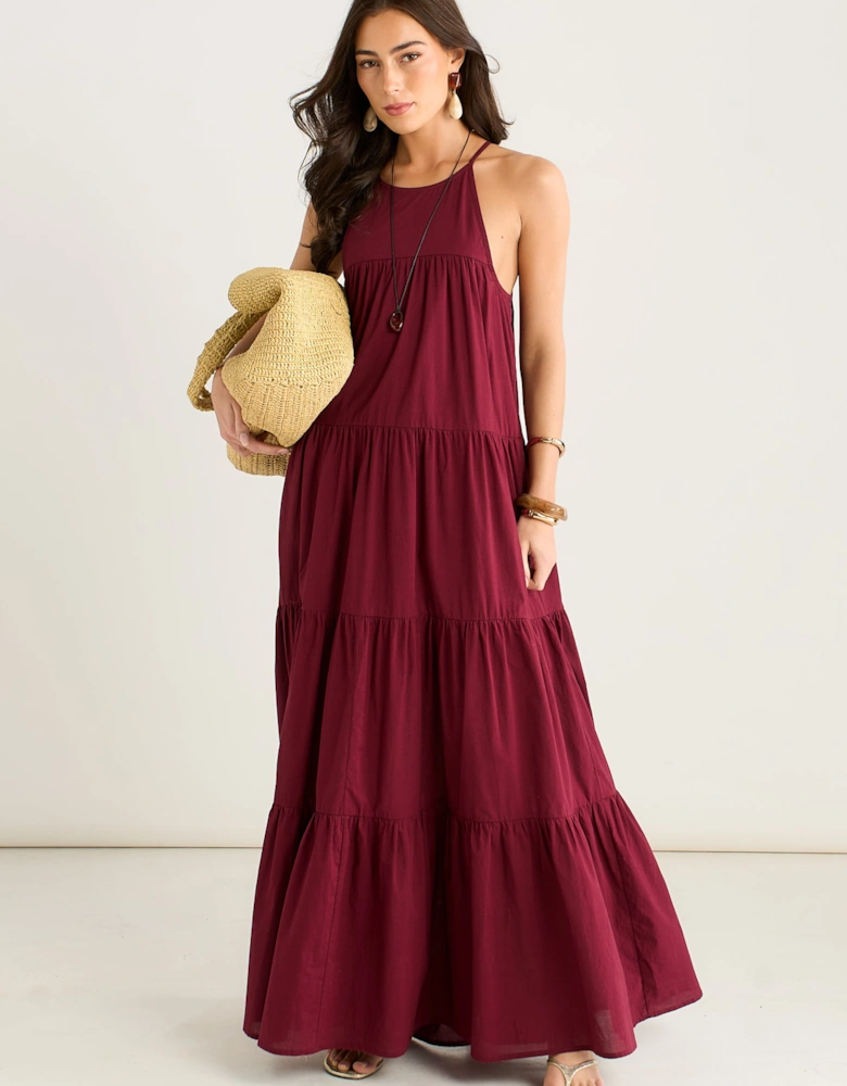 Mulberry Tiered Halter Maxi Trapeze Dress