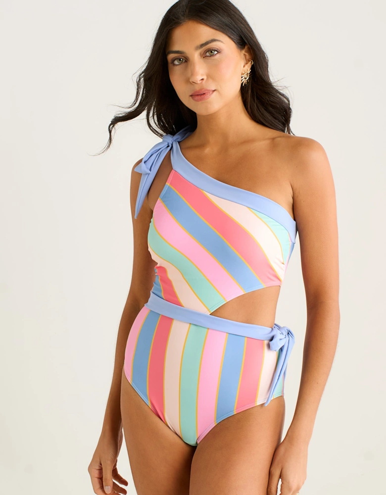 Multi Stripe Tie Detail One Shoulder Swimsuit