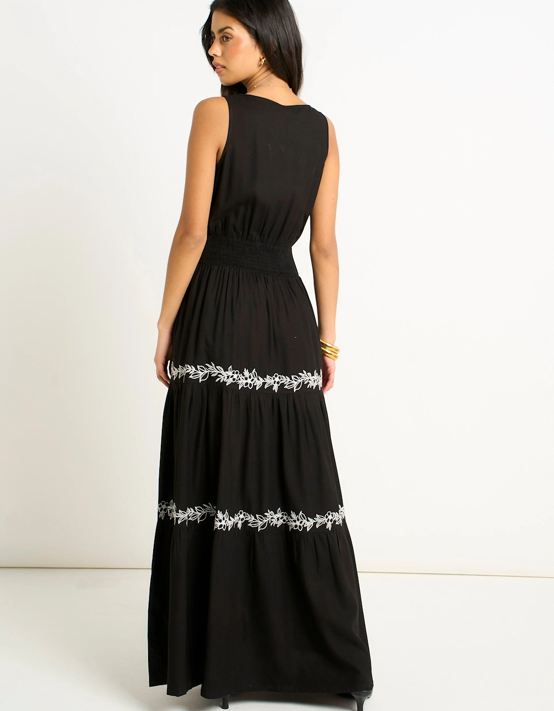 Black Floral Embroidery Tiered Maxi Dress
