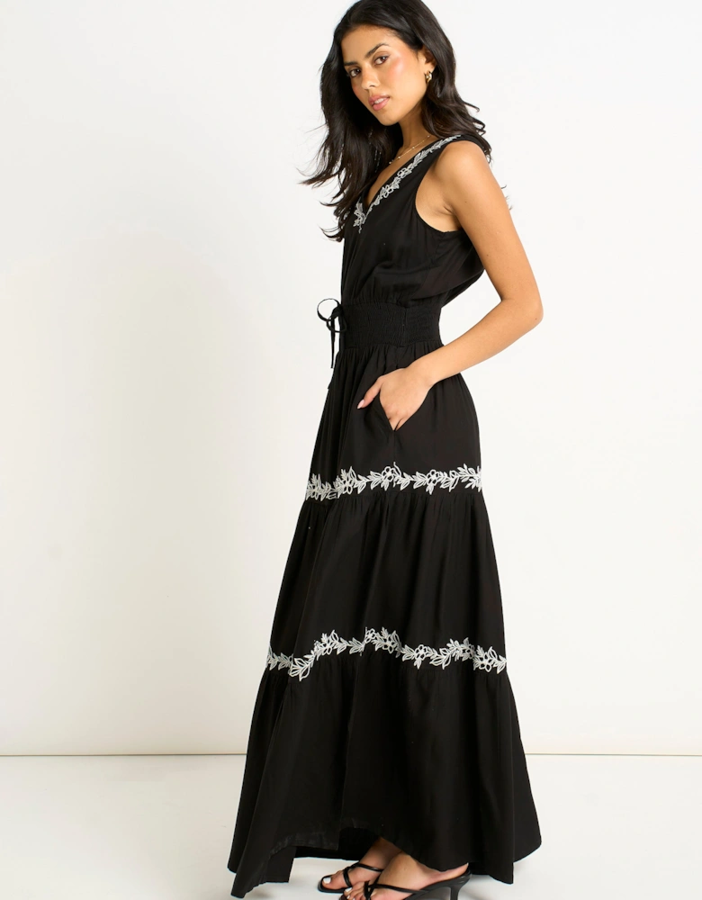 Black Floral Embroidery Tiered Maxi Dress