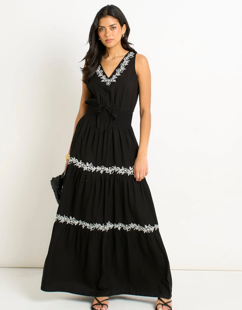 Black Floral Embroidery Tiered Maxi Dress