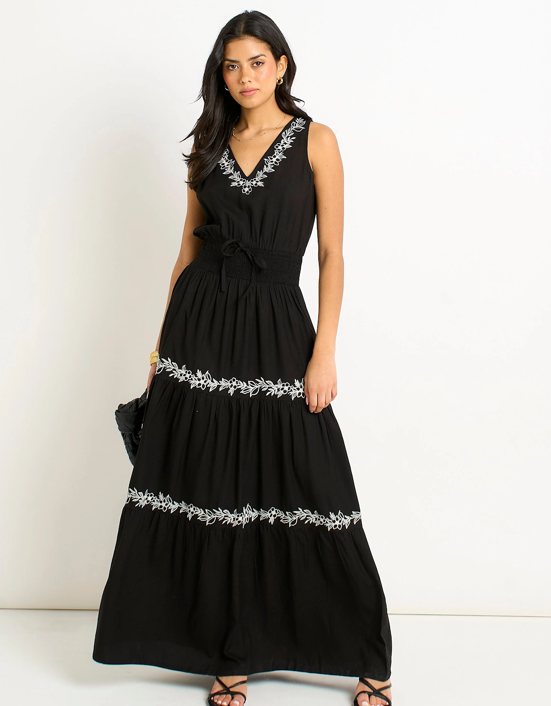 Gini London Women's Black Floral Embroidery Tiered Maxi Dress - Size 16