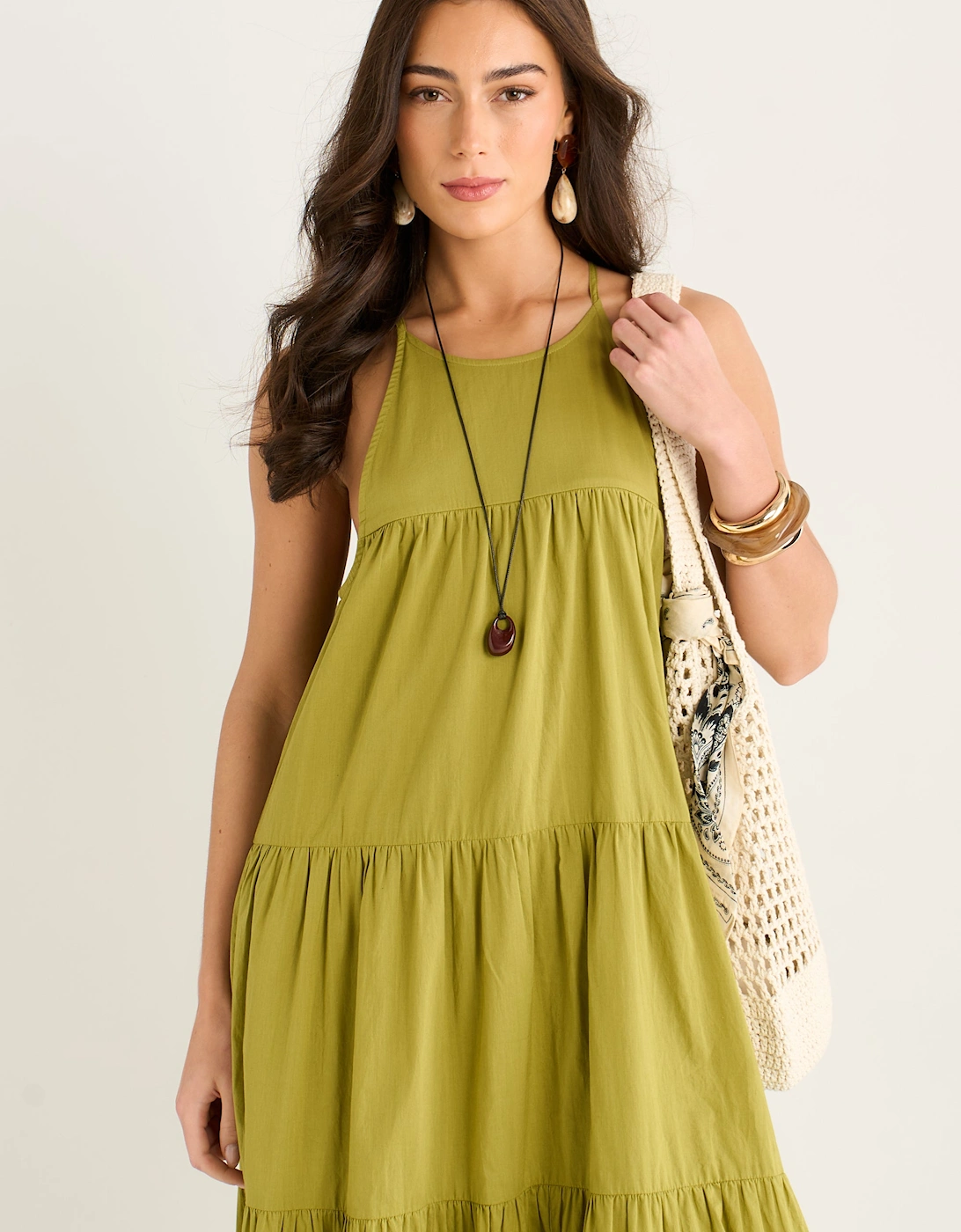 Khaki Tiered Halter Maxi Trapeze Dress