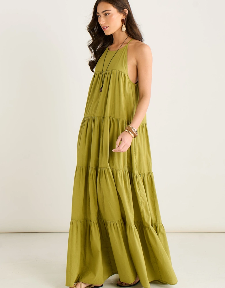 Khaki Tiered Halter Maxi Trapeze Dress