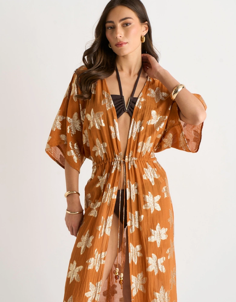 Orange Floral Lurex Tie Front Kaftan Kimono