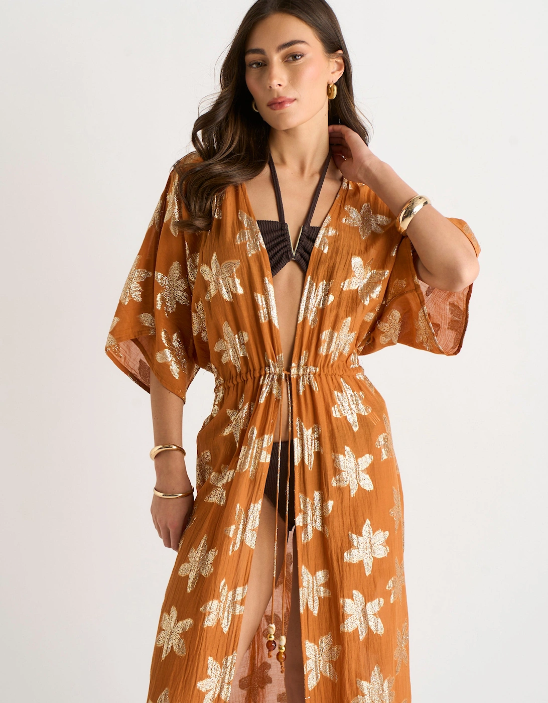 Orange Floral Lurex Tie Front Kaftan Kimono