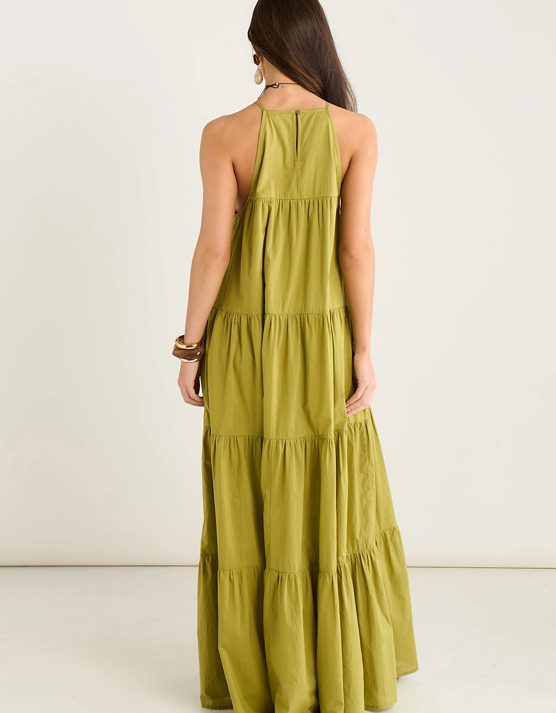 Khaki Tiered Halter Maxi Trapeze Dress