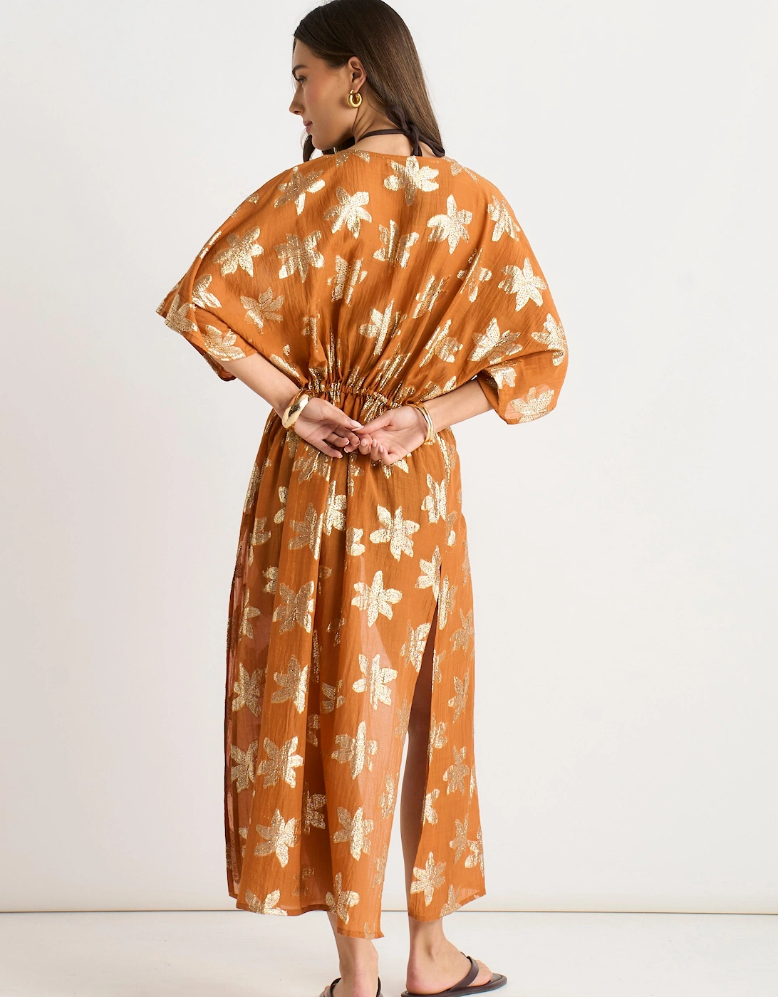 Orange Floral Lurex Tie Front Kaftan Kimono