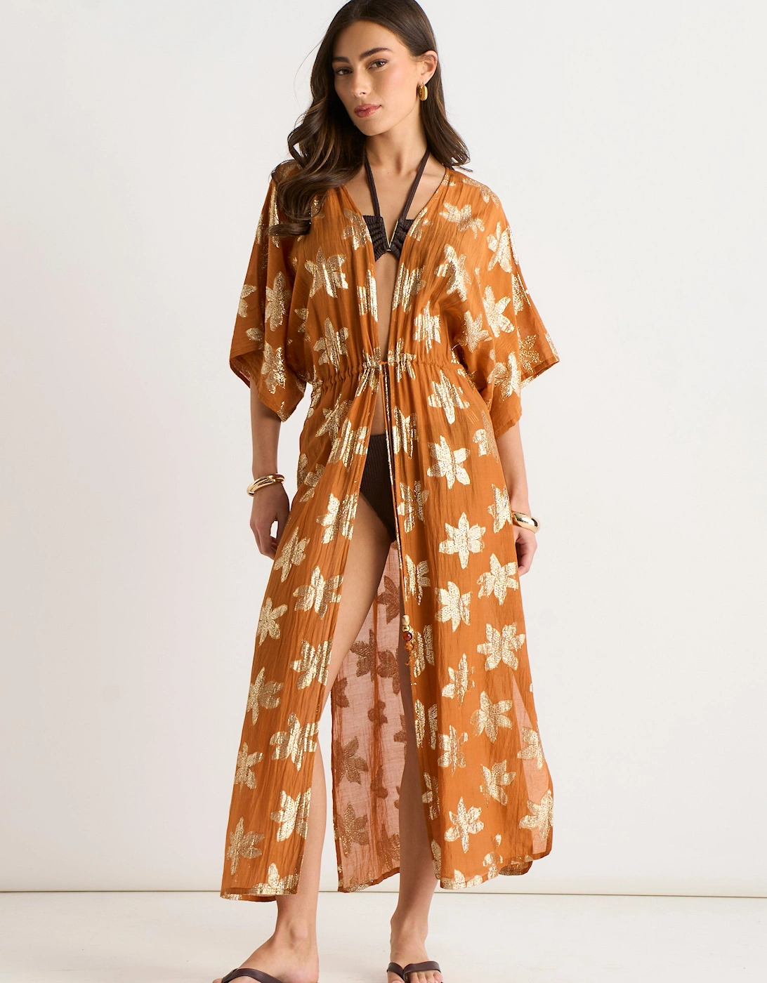 Orange Floral Lurex Tie Front Kaftan Kimono