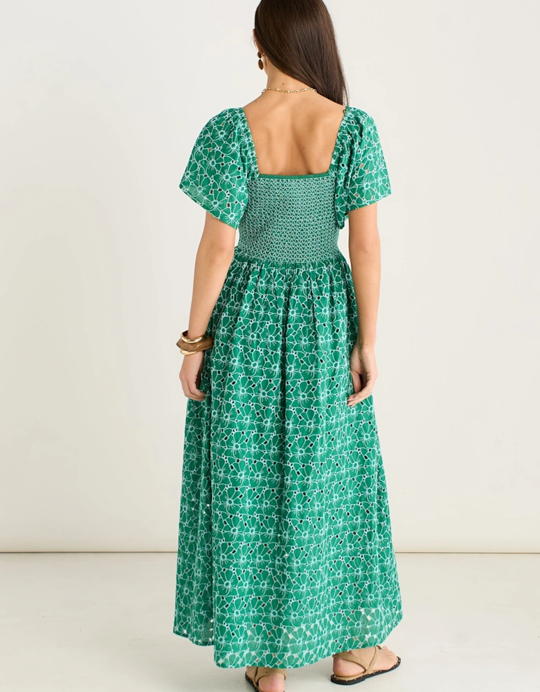Green Floral Broderie Shirred Midi Dress