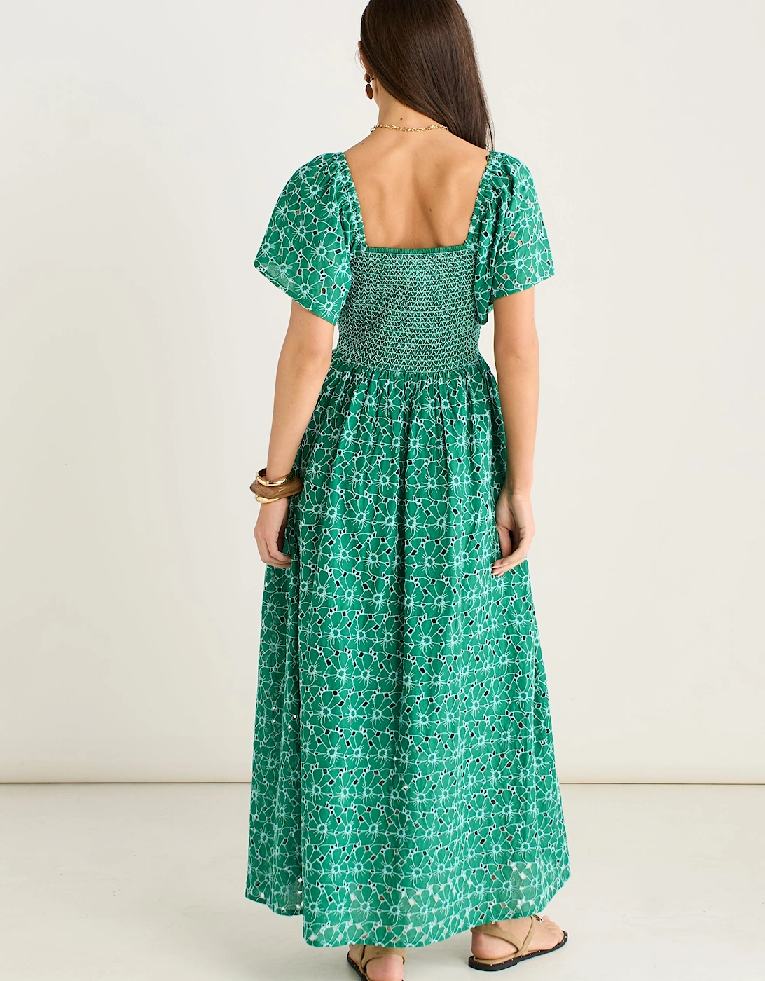 Green Floral Broderie Shirred Midi Dress