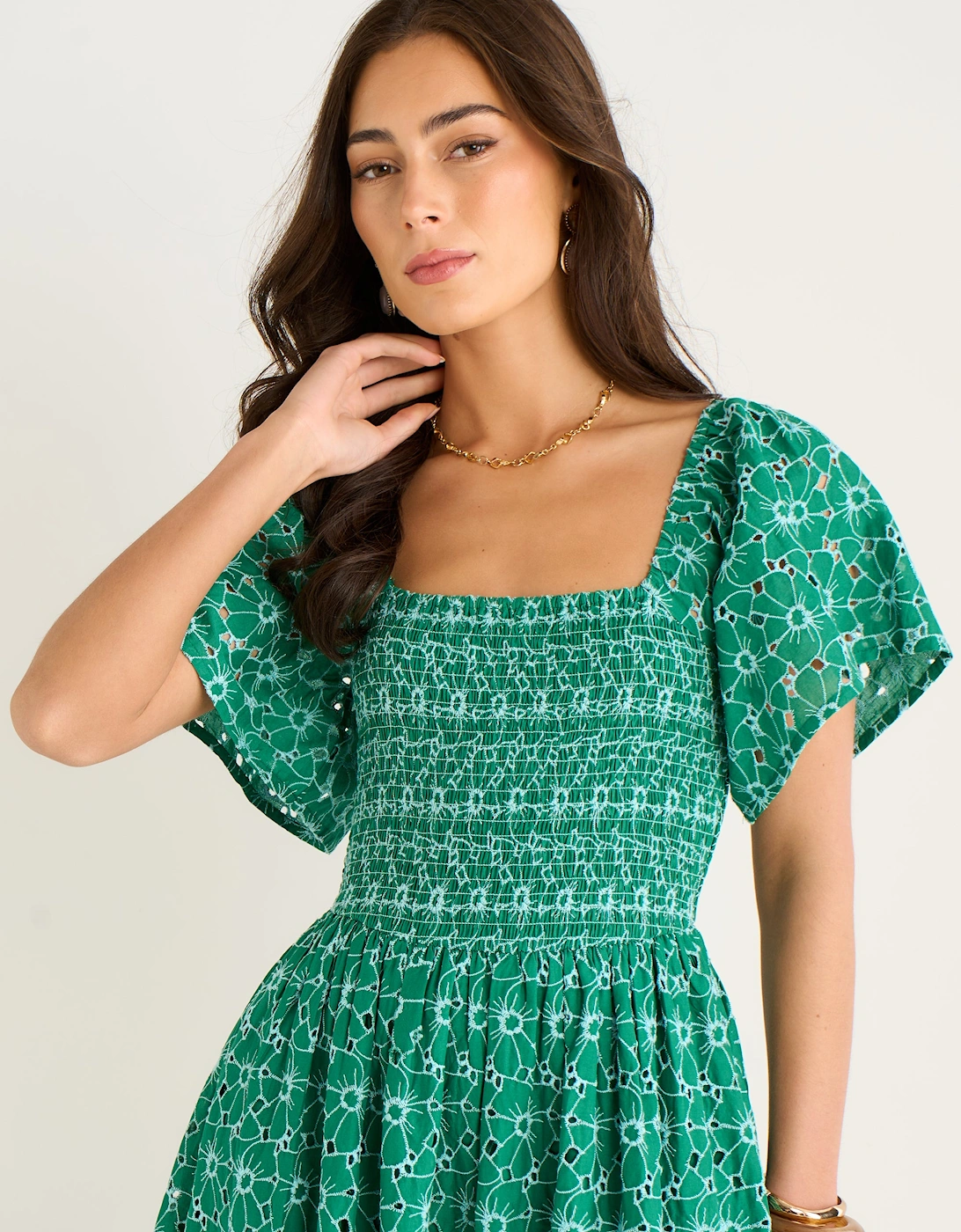 Green Floral Broderie Shirred Midi Dress