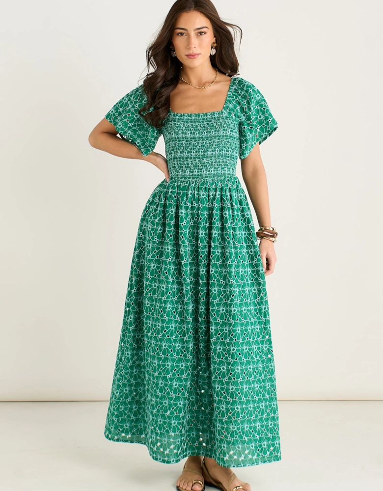 Green Floral Broderie Shirred Midi Dress