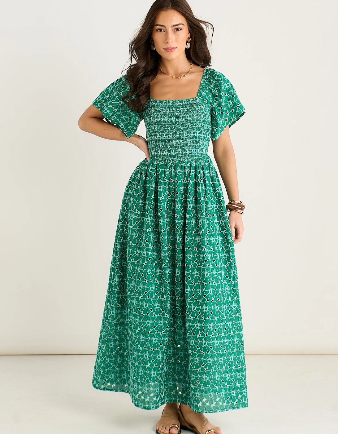 Green Floral Broderie Shirred Midi Dress