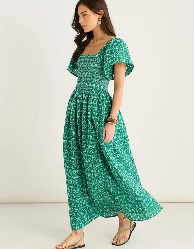 Green Floral Broderie Shirred Midi Dress